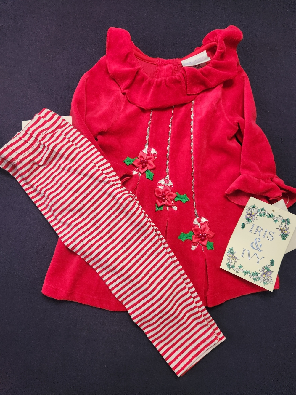 Iris & Ivy Red Holiday Velour Top w/Striped Leggings Matching Set, S-12M, NWT